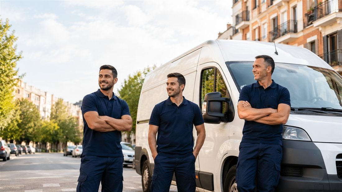 Equipo de Mudanzas Servilandaeta junto a su furgoneta, preparado para un traslado internacional