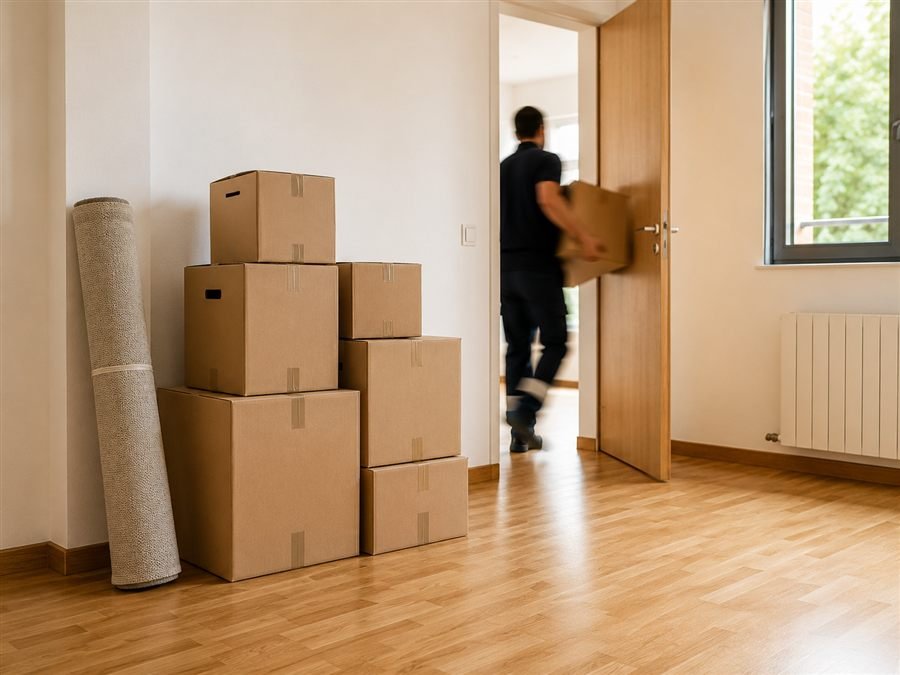Cajas de mudanza organizadas durante un vaciado de piso en Madrid